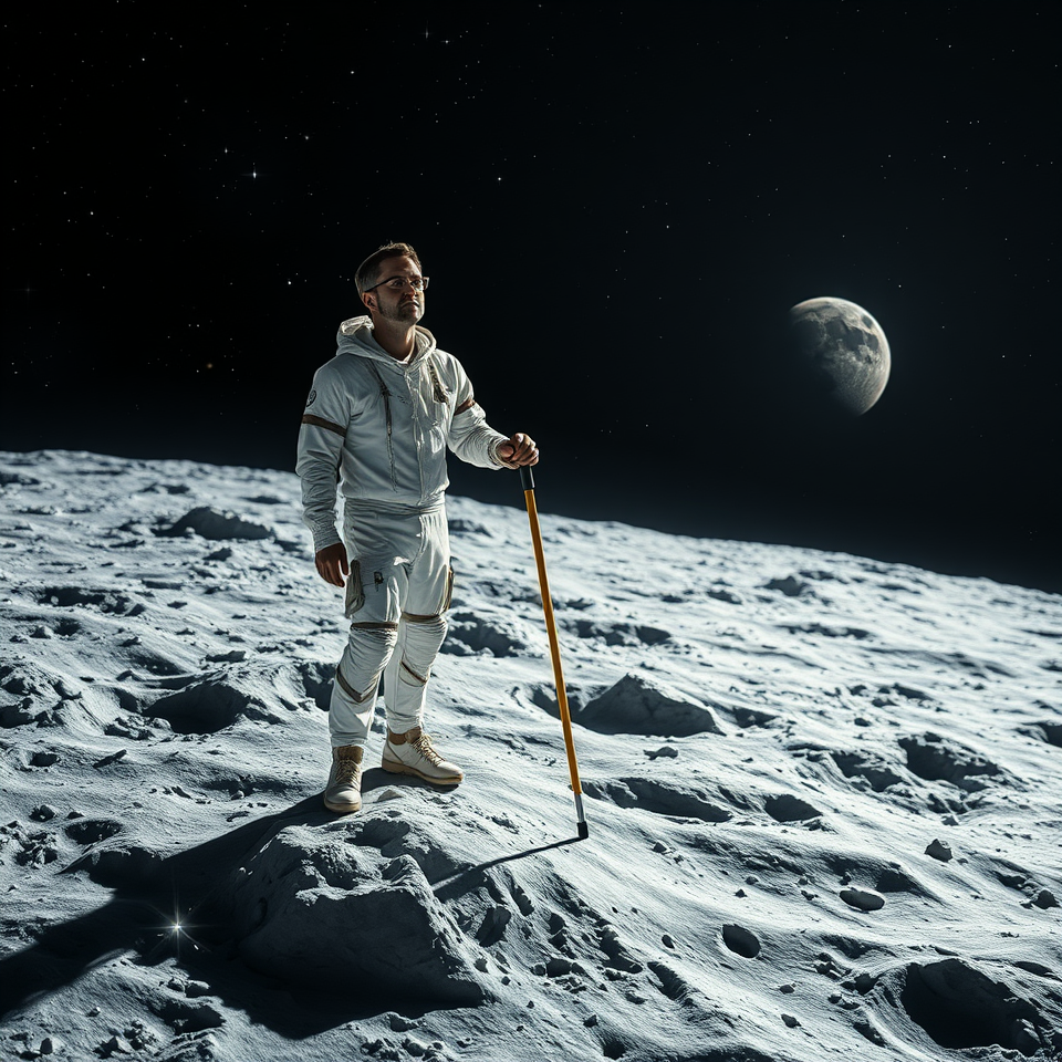 This image is a portrayal of a Blind Astronaut that is using his white cane to wander on the surface of the moon.